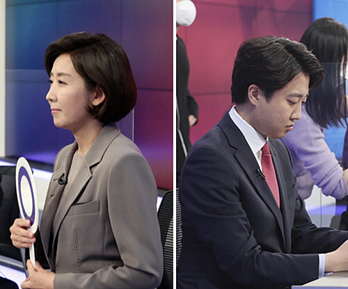 지난 6월1일 종합편성채널 MBN이 주관한 국민의힘 당대표 후보자 토론회에서 (왼쪽부터) 나경원·이준석 후보가 각각 토론을 준비하는 모습.[사진=국민의힘 홈페이지]